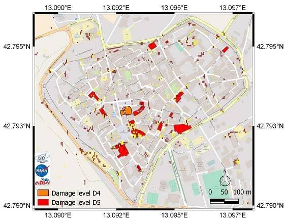Figure 6.15. Damage proxy map of Norcia, along with all structures with assigned damage level D5, and selected structures with assigned damage level D4. 