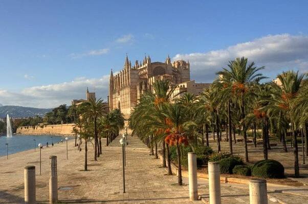 Palma de Mallorca s majestátní katedrálou La Seu obklopenou palmami a fontánou za slunečného dne