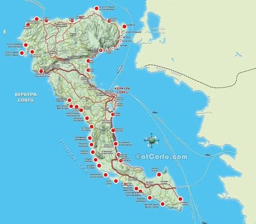 Corfu Beaches map route