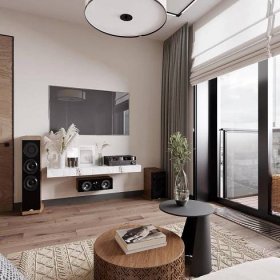 Skandinávský obývací pokoj s panoramatickými okny