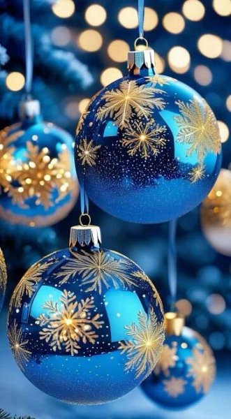 three blue christmas balls hanging from a tree with lights in the background and snow flakes on them
