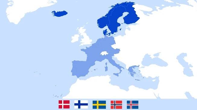 Belgium, France, Germany, Luxembourg, the Netherlands, Portugal, Spain, Italy, Austria, Greece, Denmark, Finland, Sweden, Norway and Iceland highlighted in vibrant blue colour. 