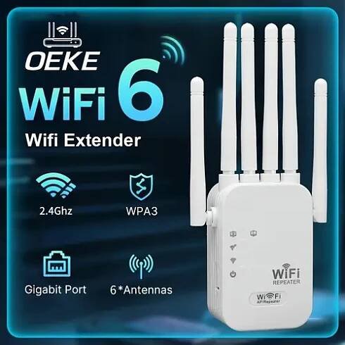   wifi 6 dual band extender - 1200mbps, 6 anténnový design, kompatibilní s režimem ap, vstřeno gigabitové ethernetové připojení, ideální pro dálkovou práci a online učení, řešení pro dálkovou práci | moderní design bezdrátového připojení | bezdrátový připojení s více antén
