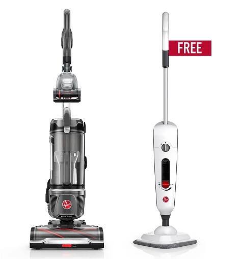 Hoover windtunnel upright vacuum cleaner displayed with a free steam mop 