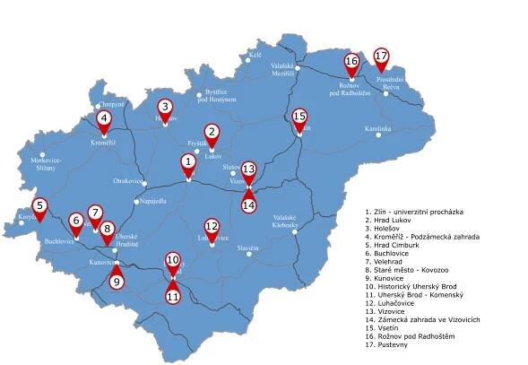 mapa Zlínského kraje s procházkami s pracovním listem