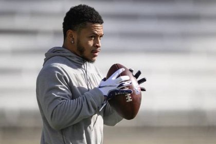 Kansas State running back Deuce Vaughn participates in a drill during the NCAA college football team's NFL Pro Day in Manhattan, Kansas, Friday, March 31. 2023.