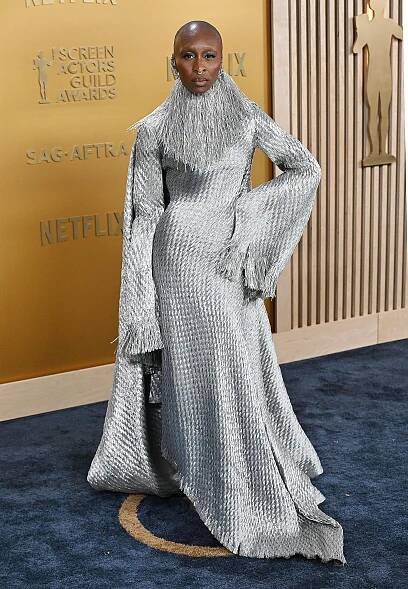 Cynthia Erivo at the Screen Actors Guild Awards in a silver fringed gown.