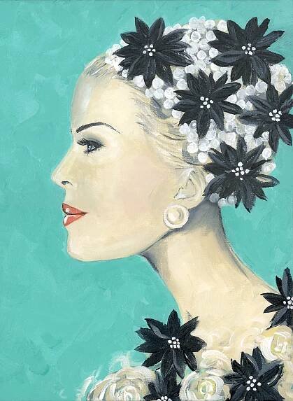 Fashion Girl Teal Black Flower Wall Art Print