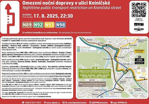 Omezení noční městské hromadné dopravy v Kníničské ulici v Brně.