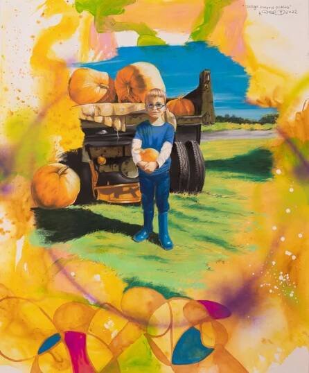 Christopher &quot;Daze&quot; Ellis
Indigo Pumpkin Picking, 2022
pastel acrylic and spray paint on arches paper
44 7/8 x 35 7/8 ins.
114 x 91 cm