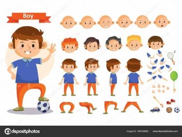 Chlapec hrající Sport a hračky vektor kreslené kid charakter izolované těla konstruktoru částí ikony