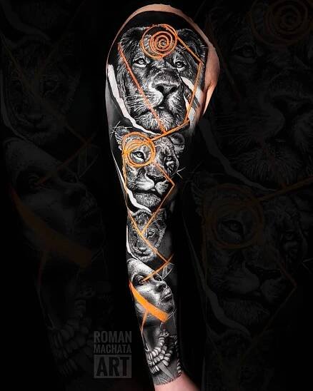 Tetování zvířata, lvi a žena, ornamenty na rukávu