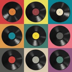 Fototapeta Vinylové desky s barevnými �štítky