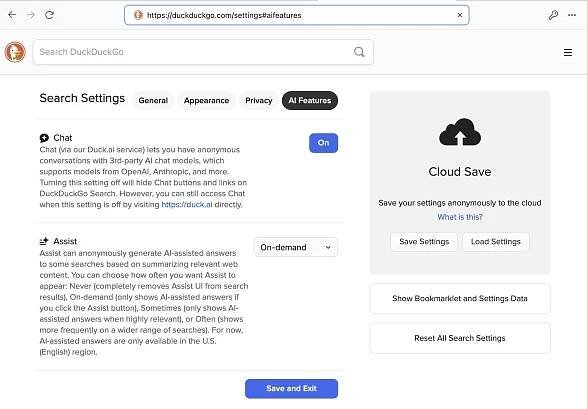 DuckDuckGo AI settings.