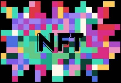The letters NFT sit on a multi-colored, pixelated background.