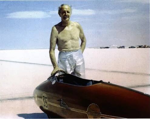 Burt Munro, 1967, in his fireproof pants in Bonneville – Permission Munro Family Collection