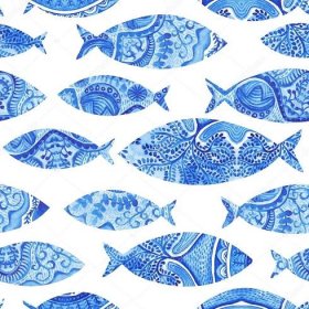 Stáhnout - Bezešvé pattern s rybami, akvarel ručně malované pozadí, akvarel ryby, bezešvé pozadí stylizované modré fish.wallpaper, akvarel tkaniny, modrá balení ornamenty — Stock obrázek