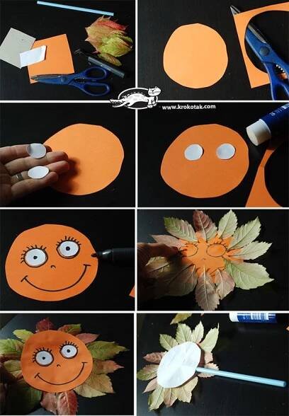 the steps to make a paper pumpkin craft with leaves and glue on it's sides