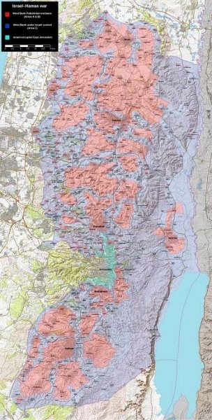 Mapa Západního břehu Jordánu červeně jsou palestinské enklávy (oblast A a B) fialově jsou oblasti pod kontrolou Izraele (oblast C)