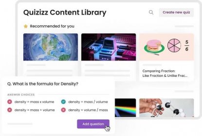 The Quizizz content library featuring different quizzes and a question regarding the formula for density
