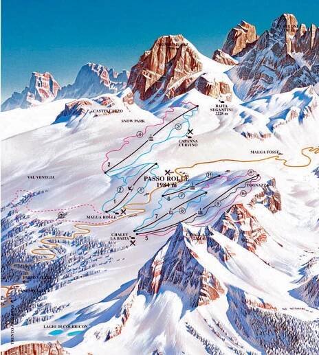 Lyžařská mapa sjezdovek areálu Passo Rolle