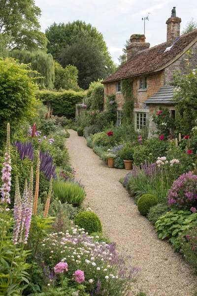a garden filled with lots of flowers next to a stone building on a dirt road