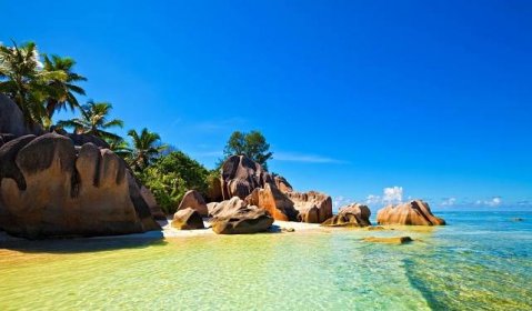 příroda, ostrov, Seychely, Seychely, v tropech, palmové, pláž, kameny, skály, nebe, mraky, krásně