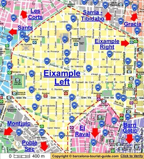 Mapa zobrazující parkoviště v blízkosti Eixample Left v Barceloně, Španělsko. Kliknutím na modré popisky parkovišť se dostanete na stránku s podrobnými informacemi o daném parkovišti.