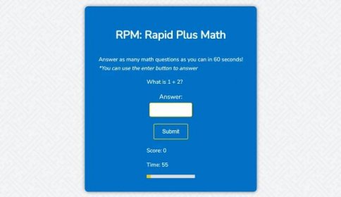 GitHub - IqbalMind/RPM-Rapid-Plus-Math: RPM: Rapid Plus Math is a web-based game designed to help users improve their mental arithmetic skills. The game presents users with a series of addition and subtraction problems and tracks their performance over time. The goal of the game is to solve as many problems as possible within a given time limit.