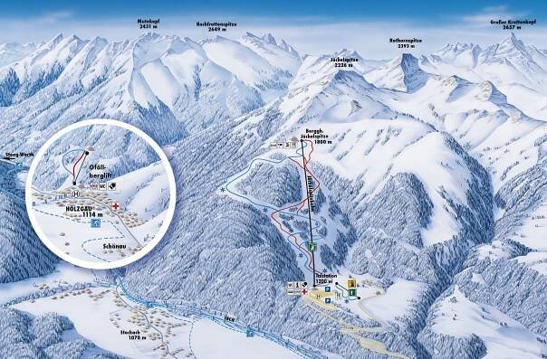 Lyžařská mapa sjezdovek areálu Bach Jöchelspitze