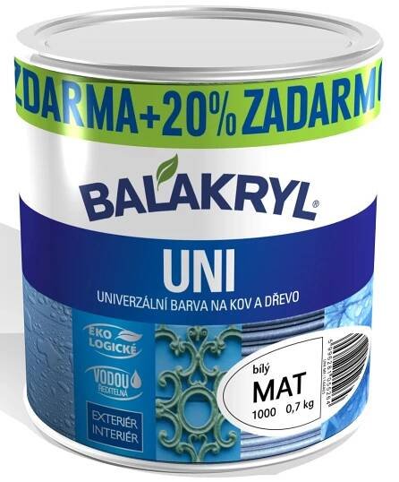 BALAKRYL Univerzální barva na kov a dřevo UNI MAT 0100 bílá 0,7 kg + 20 % ZDARMA