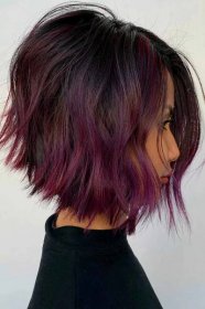 Short Straight Dark Violet Hair Highlights Layered Textured Bob Cut