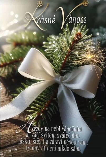 a christmas card with a white ribbon on it