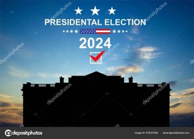 Download - Presidental election 2024 banner with White House and USA flag against the sunset — Stock Image