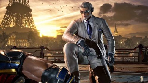 Victor from Tekken 8 in a suit posing against the backdrop of the Eiffel Tower at sunset