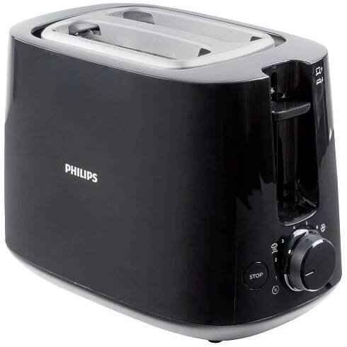 Černý toustovač Philips s ovládacími prvky.