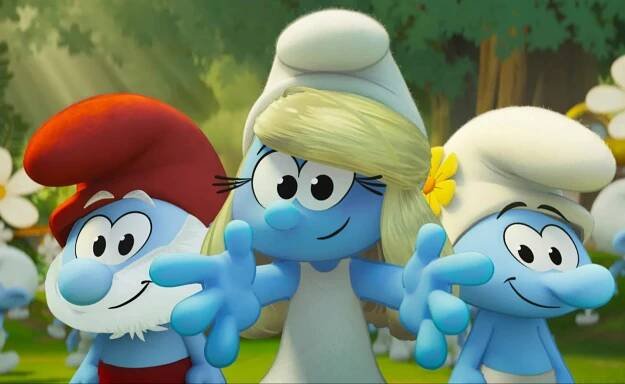 Papa Smurf, Smurfette, and Vanity Smurf from the film "Smurfs."