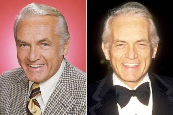 Ted Knight as Ted Baxter, smiles as he poses for a publicity photo for the CBS situation comedy 'Mary Tyler Moore,' Studio City, Los Angeles, California, 1974; Ted Knight attends the 12th Annual People's Choice Awards on March 11, 1986 at the Santa Monica Civic Auditorium in Santa Monica, California
