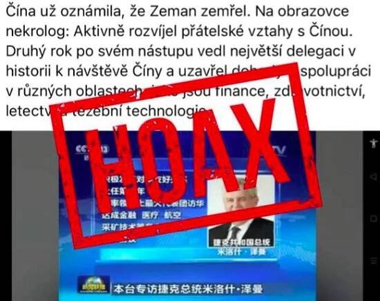 Údajná zpráva o smrti prezidenta Zemana v čínských médiích je hoax