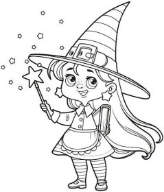 Roztomilé kreslené čarodějnice s kouzelnou hůlkou obrys pro zbarvení stránky na bílém pozadí — Ilustrace