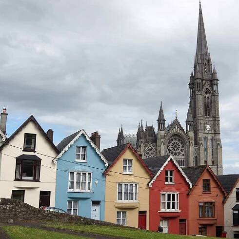 Image of Cobh Cathedral and the 'Deck of Cards' row of houses Cobh County Cork Ireland
