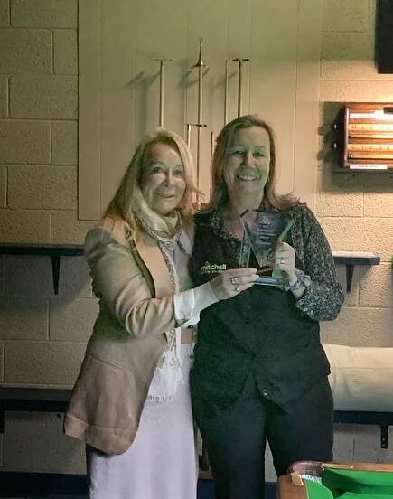 Tammy Lindrum presenting Julie Watson the trophy for winning the 2023 Ruby Roberts Victorian Women’s Billiards Championship