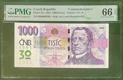 Výroční bankovka ČNB 1000Kč 2023 s přítiskem R09000299 PMG66MEGA RADAR - Bankovky