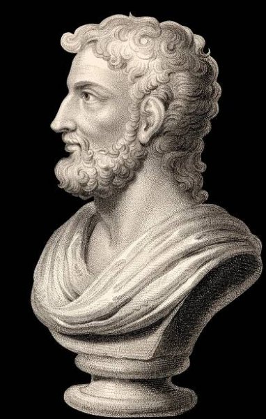 An engraving shows the side profile of a man with a beard and fabric draped over shoulders