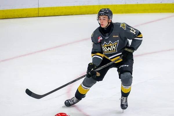 Roger McQueen #13 of the Brandon Wheat Kings skates during second period action against the Moose Jaw Warriors at Westoba Place on September 20, 2024 in Brandon, Canada.