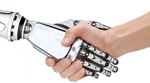 Download - Cyber communication design concept. Male robot and human holding hands with handshake. — Stock Image