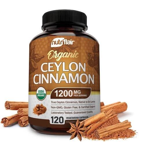 NutriFlair Organic Ceylon Cinnamon Supplement 1200mg, 120 Capsules - USDA Certified - Non-GMO, Gluten Free Powder, Antioxi...