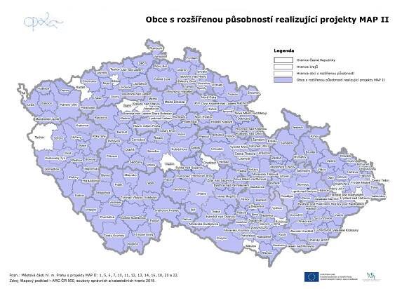 Mapa ORP, na jejichž území je realizován projekt MAP II - Místní akční plán rozvoje vzdělávání ORP Ostrava IVMístní akční