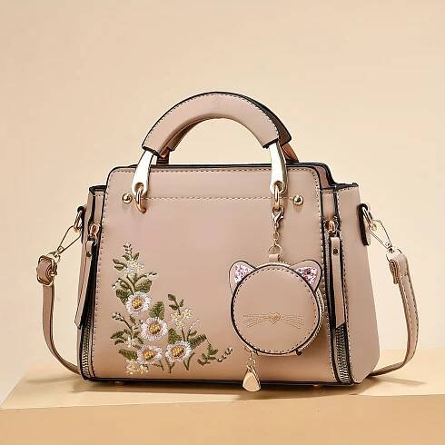 Small Purses and Handbags for Women Ladies Flower Embroidery Crossbody Bag Fashion Top Handle Satchel Shoulder Bags * with Kitten Pendant