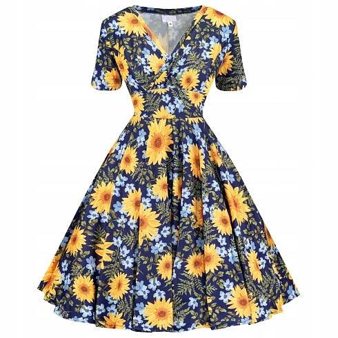 Šaty pin up retro se SLUNEČNICEMI a květinami spojkou floral s kruhem léta 50 60
